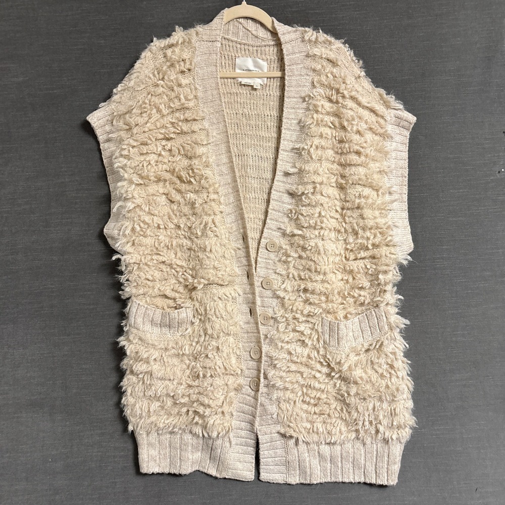 Anthropologie Cardigan XL Cream Wool Shaggy Eyelash Knit Sweater Vest Oversized